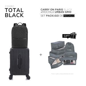 Set Total Black - Carry On Paris Black + Mochila Urban Grid + Organizador de regalo