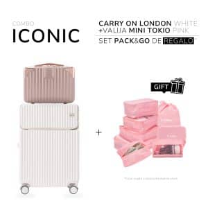 Set Iconic Valija Carry On London White + Valija Mini Tokio Pink + Organizador de regalo