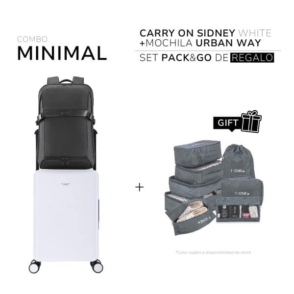 Set Minimal - Valija Sidney Carry On Cabina Blanca +Mochila Urban Way + Organizador de regalo
